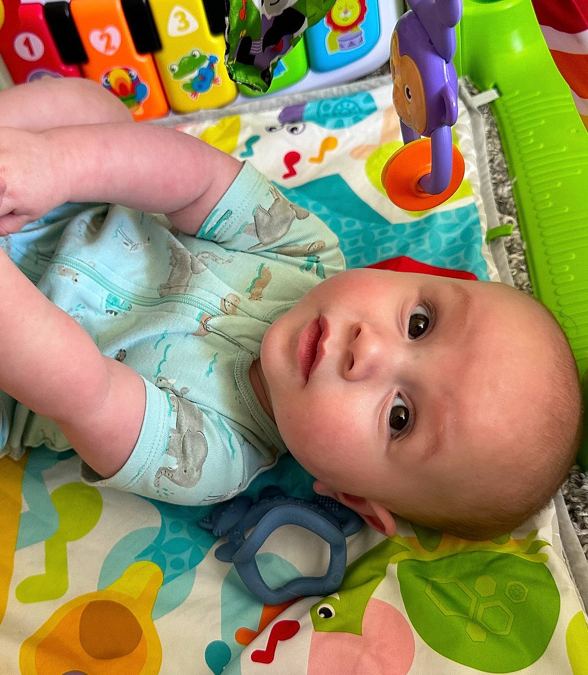 Collin is registered to the contest to win money with this photo: baby, baby_products, baby_safety, baby_toddler_clothing, baby_toys, cheek, child, eye, green, head, iris, linens, nap_mat, pattern, person, playmat, room, skin, textile, toddler