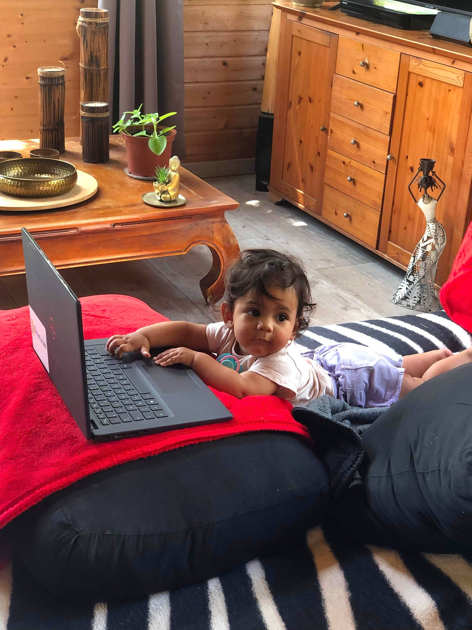 Hinaya a rejoint le concours — aidez-le/la à gagner de superbes lots ! cabinetry, chest_of_drawers, comfort, computer, couch, cupboard, drawer, dresser, flooring, flowerpot, houseplant, lap, laptop, leisure, netbook, person, personal_computer, plant, table, thigh