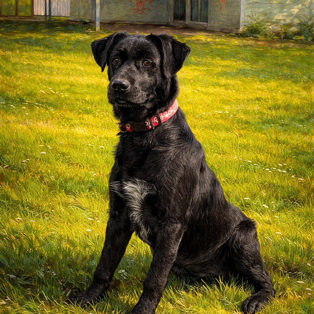 Pita a rejoint le concours — aidez-le/la à gagner de superbes lots ! dog, black_dog, collar, grass, outdoor, animal, pet, sitting, sunlight, yard, building, shed, nature, canine, fur, portrait, daytime, greenery, attentive, domestic_animal