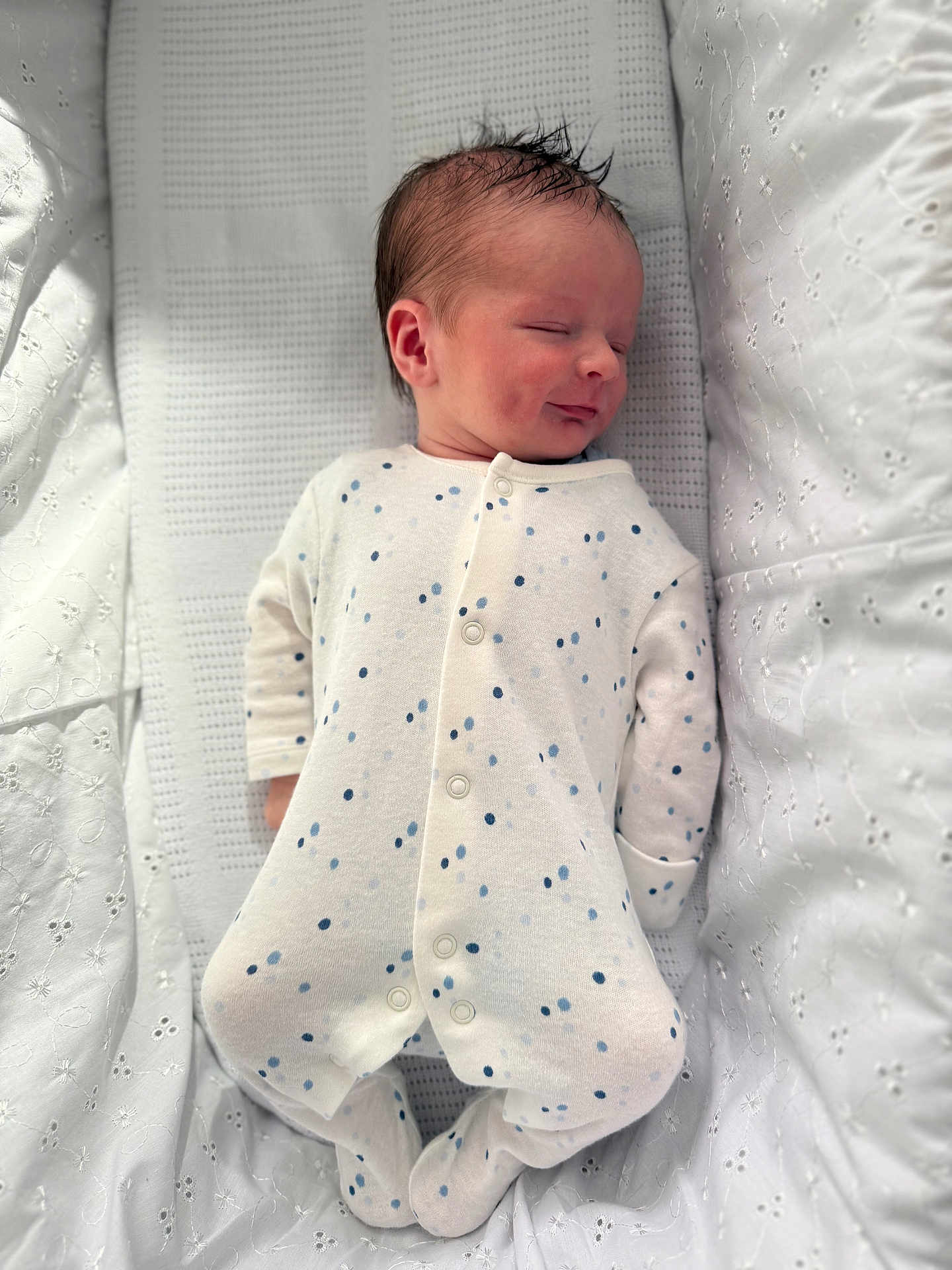 Leo is registered to the contest to win money with this photo: baby, newborn, sleeping, onesie, white, blue_dots, blanket, soft, cozy, infant, peaceful, cute, portrait, bed, child, sleep, face, head, clothing, resting