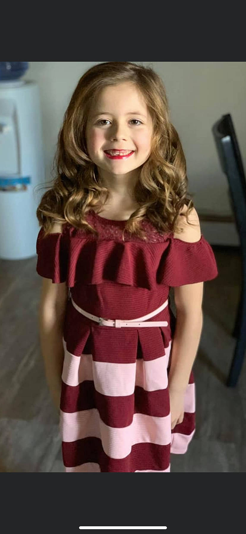 Sophia is registered to the contest to win money with this photo: blond, brown_hair, child, child_model, clothing, dress, fashion_accessory, hair, hairstyle, joy, leggings, lip, long_hair, pattern, person, sleeve, smile, tights, toddler