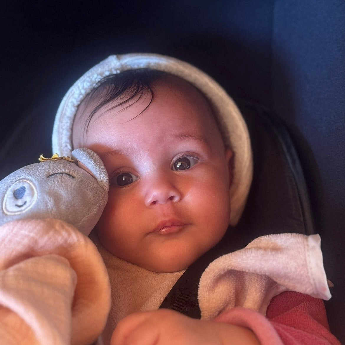 Romane a rejoint le concours — aidez-le/la à gagner de superbes lots ! baby, infant, child, plush_toy, blanket, warm_clothing, face, hand, car_seat, cozy, soft_toy, cute, portrait, indoors, young_child, snuggle, expression, candid, close_up, baby_girl