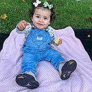 Jisslyn joined the competition — help win amazing prizes! adults, autumn, baby, blanket, bows, child, denim, face, grass, outdoor, overalls, park, pink_blanket, pointing, portrait, sitting, smiling, sneakers, toddler, tree