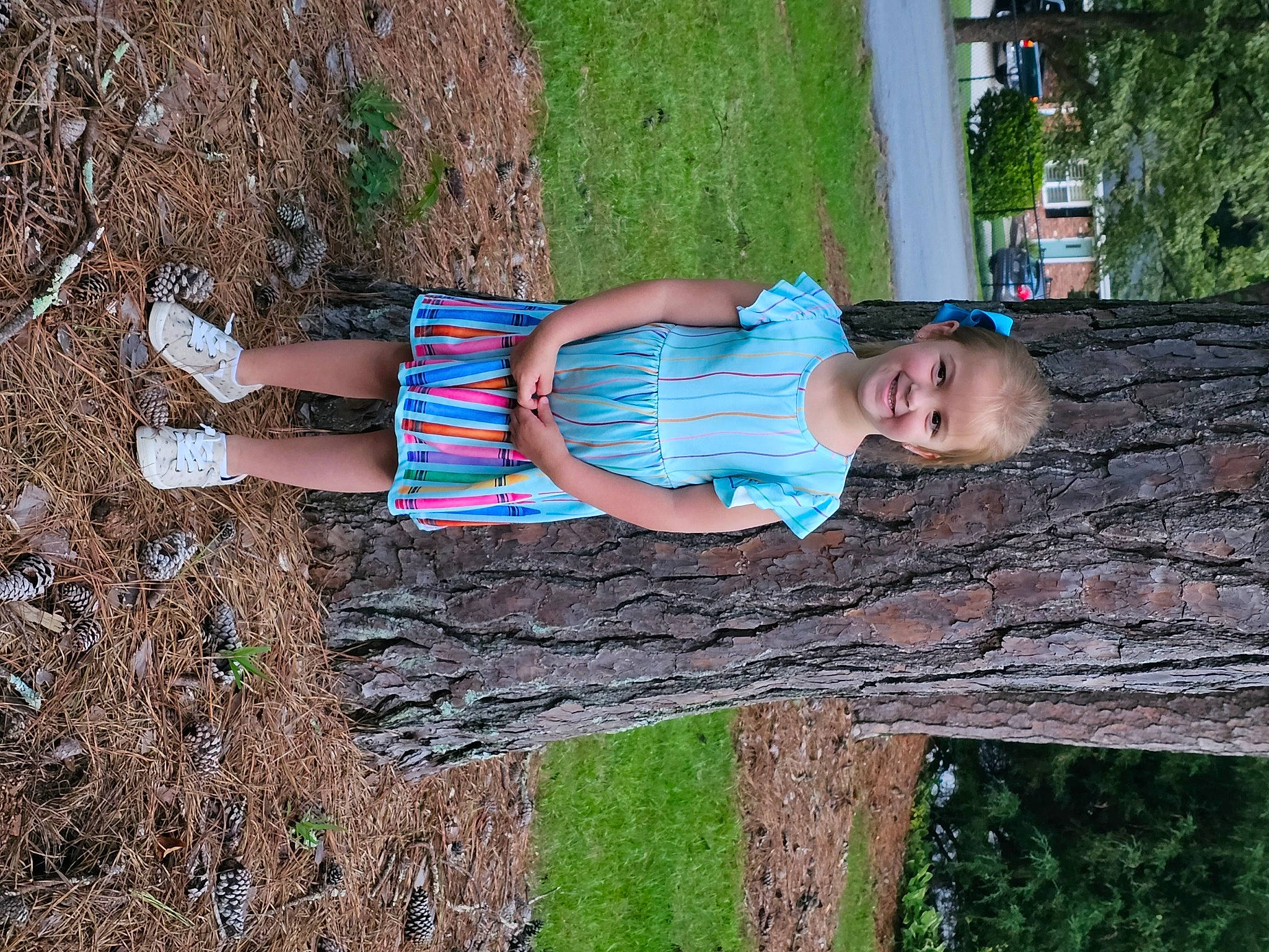 Abigail joined the competition — help win amazing prizes! baby_toddler_clothing, child, electric_blue, fun, grass, happy, human_leg, joy, leisure, people_in_nature, person, plant, smile, soil, thigh, toddler, tree, trunk, wood, woody_plant