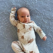Margot joined the competition — help win amazing prizes! baby, infant, onesie, bear_print, quilt, textured_bedspread, lying_down, cute, smiling, child, sleepwear, bedroom, soft_lighting, portrait, happy, small_person, cozy, face, hand, foot