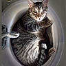 cat, tabby_cat, one_eyed_cat, sink, bathroom, pet, animal, feline, curled_up, cozy, domestic_cat, whiskers, fur, paw, resting, cute, indoor, cute_pet, relaxed, one_eye