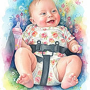 Cardi is registered to the contest to win money with this photo: art, baby, bubbles, butterflies, car_seat, child, clothing, colorful_background, cute, decorative, floral_pattern, happy, illustration, infant, painting, pastel_colors, portrait, sitting, smiling, watercolor