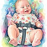 art, baby, bubbles, butterflies, car_seat, child, clothing, colorful_background, cute, decorative, floral_pattern, happy, illustration, infant, painting, pastel_colors, portrait, sitting, smiling, watercolor