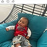 Jayden participe au concours pour gagner de l'argent avec cette photo : baby, child, smiling, sitting, red_clothing, denim_shorts, white_sneakers, turquoise_chair, plush_chair, indoor, happy, cute, fashion, casual, person, portrait, comfort, relaxing, caucasian_baby, photography