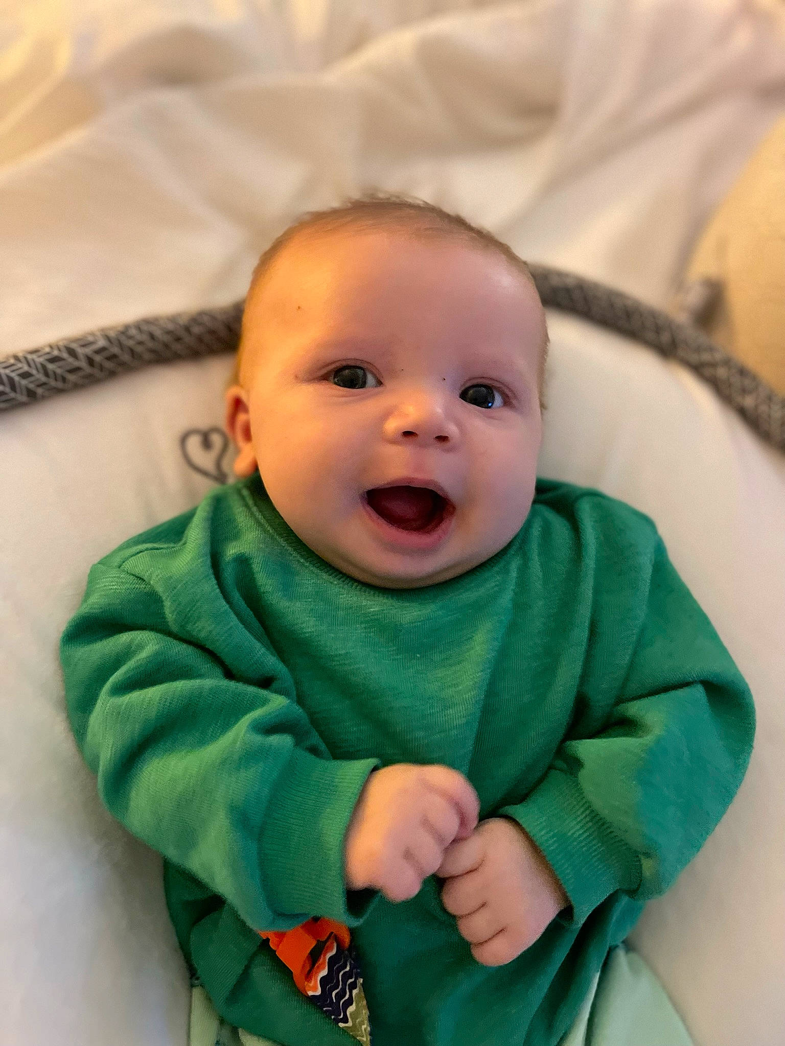 Luciano is registered to the contest to win money with this photo: baby, baby_toddler_clothing, cheek, chin, comfort, eye, face, facial_expression, finger, gesture, happy, iris, linens, nose, person, product, skin, sleeve, smile, textile