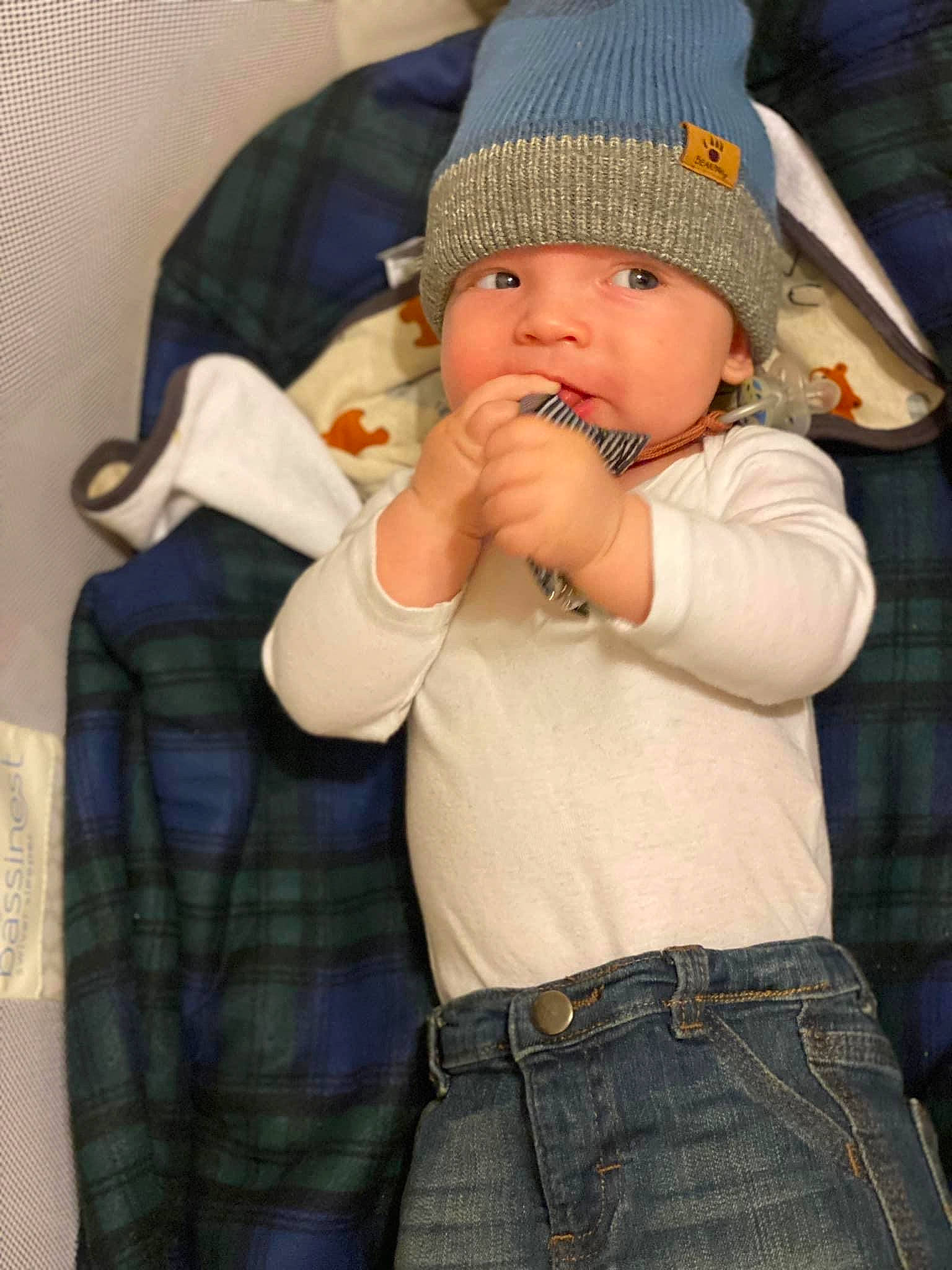 Cooper joined the competition — help win amazing prizes! baby, baby_toddler_clothing, belt, cap, cheek, child, comfort, dress_shirt, eye, fashion_accessory, gesture, headwear, knit_cap, pattern, person, plaid, sleeve, tartan, textile, thumb