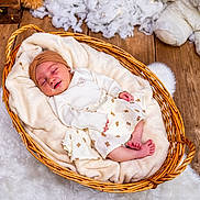 Sofia a rejoint le concours — aidez-le/la à gagner de superbes lots ! baby, sleeping, wicker_basket, blanket, wooden_floor, plush_toy, teddy_bear, headband, skirt, long_sleeve_shirt, infant, soft_texture, cozy, cute, indoors, floor_rug, peaceful, resting, newborn, portrait