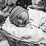 Sofia a rejoint le concours — aidez-le/la à gagner de superbes lots ! baby, newborn, sleeping, basket, blanket, headband, teddy_bear, soft_focus, black_and_white, portrait, cozy, infant, cute, resting, child, woven, furniture, soft_texture, indoors, peaceful