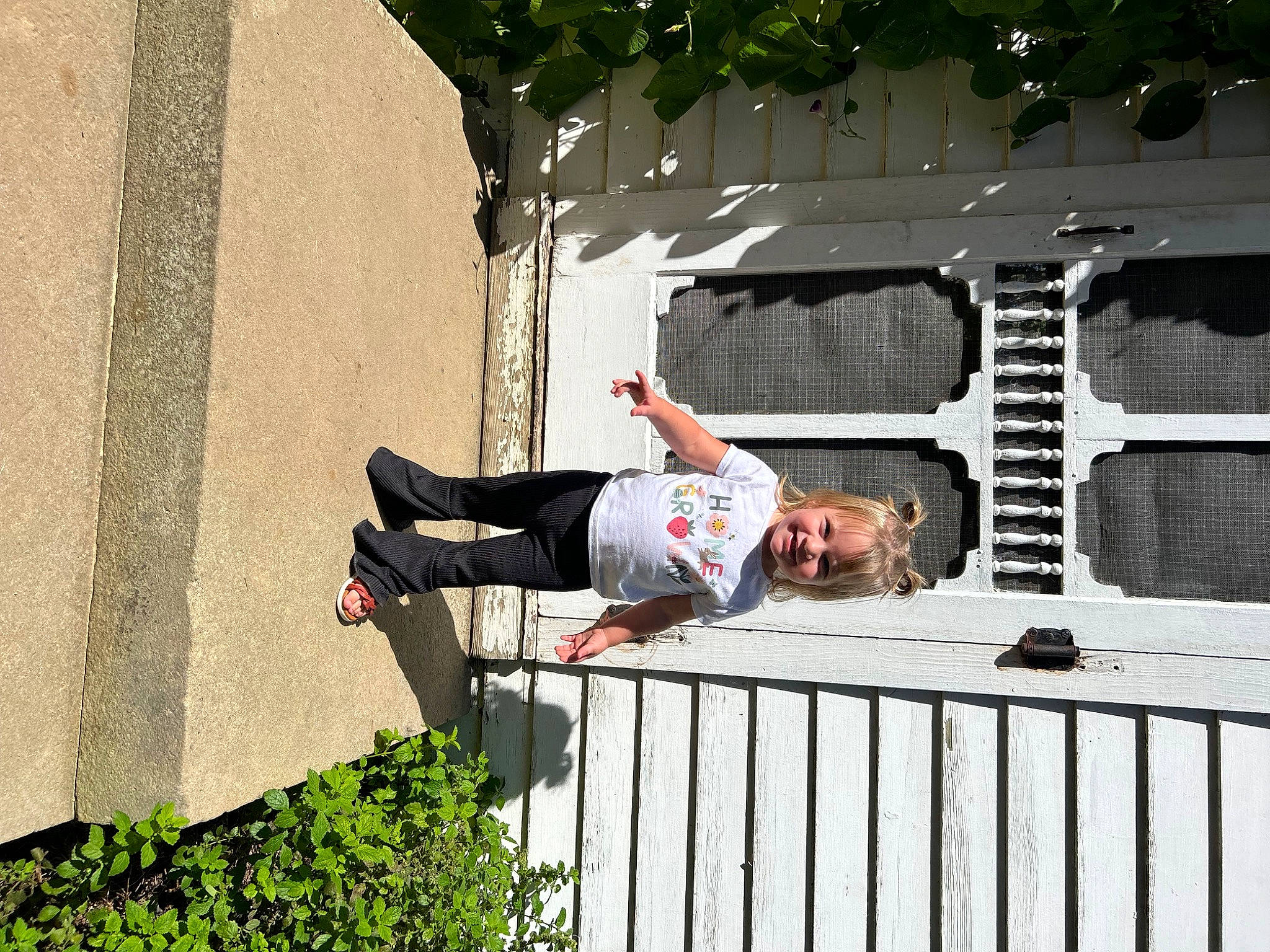 Elouise joined the competition — help win amazing prizes! child, fence, fun, happy, house, joy, leisure, person, plant, recreation, sitting, t_shirt, tree, window, wood