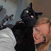 Kuro participe au concours pour gagner de l'argent avec cette photo : arch, bell, black_cat, cat, ceiling, closeup, collar, glasses, golden_eyes, hair, holding, home_decor, indoor, person, pet, photography, portrait, selfie, whiskers, white_sweater