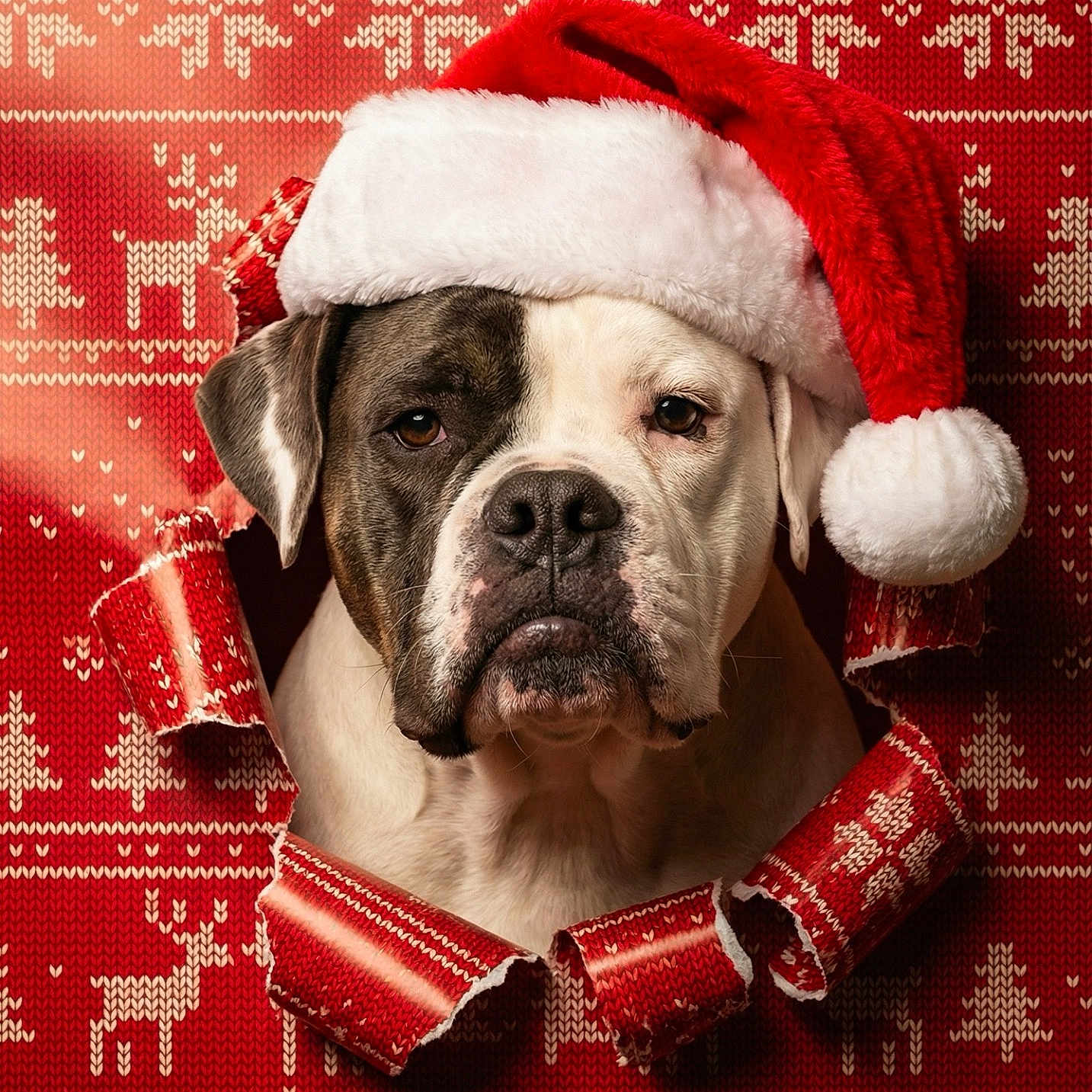 Luna Snow is registered to the contest to win money with this photo: animal, background, bulldog, christmas, costume, cute, dog, expression, face, festive, holiday, knit_pattern, pet, portrait, red, reindeer, santa_hat, snowflake, white, winter