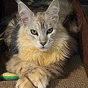 Armani a rejoint le concours — aidez-le/la à gagner de superbes lots ! cat, fluffy, paws, crossed_paws, yellow_eyes, lounging, scratcher, toy, indoor, fur, close_up, portrait, feline, pet, muzzle, whiskers, ears, focused, relaxed, animal