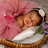 newborn, baby, sleeping, pink_tutu, headband, flower, pillow, wicker_basket, fur, purple_flowers, pink_flowers, portrait, cute, infant, resting, soft_texture, decorative, peaceful, indoor, closeup