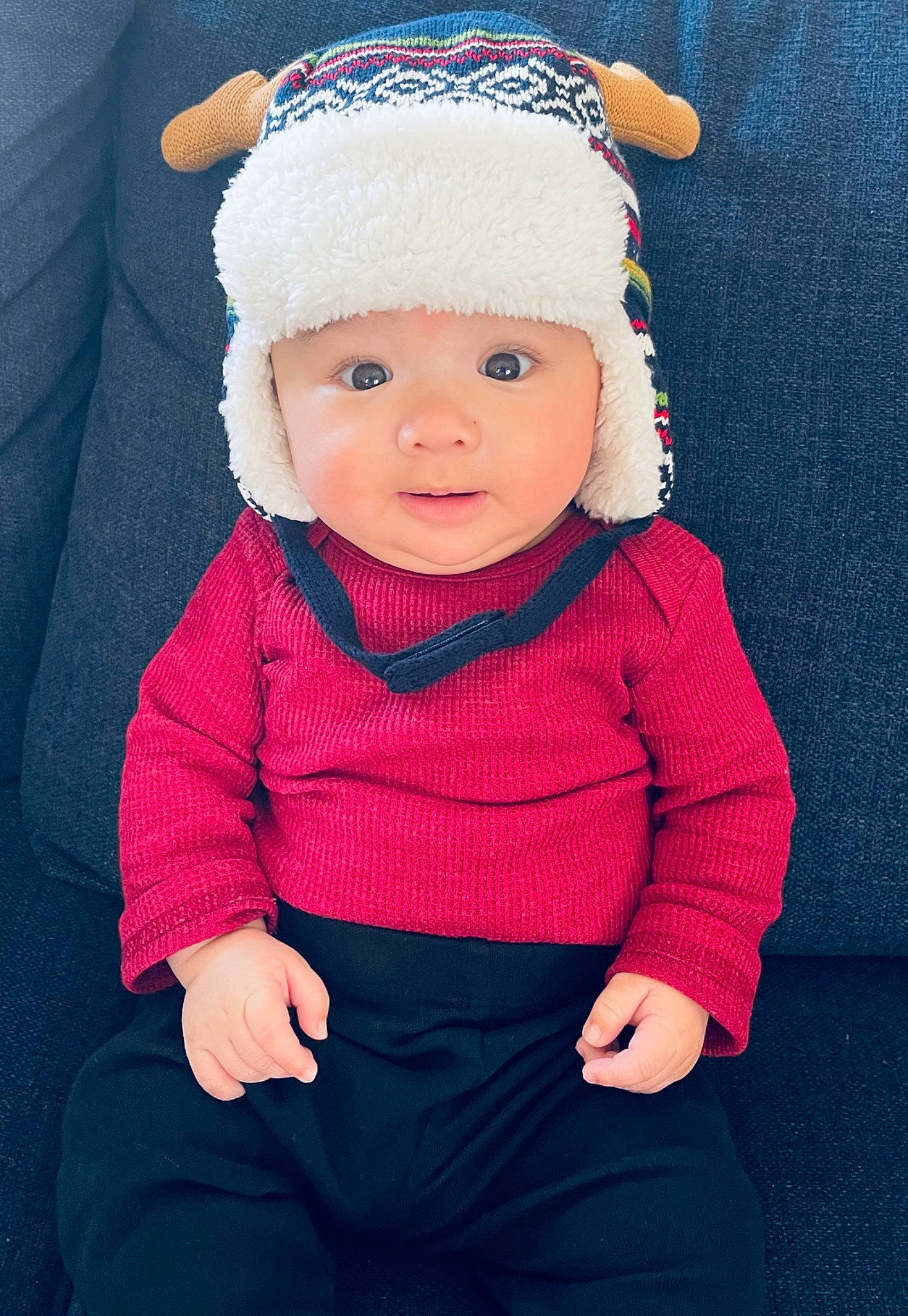 Marco is registered to the contest to win money with this photo: baby, baby_toddler_clothing, cap, child, collar, cool, costume_hat, electric_blue, eye, face, happy, hat, headwear, knit_cap, magenta, pattern, person, pink, sleeve, textile