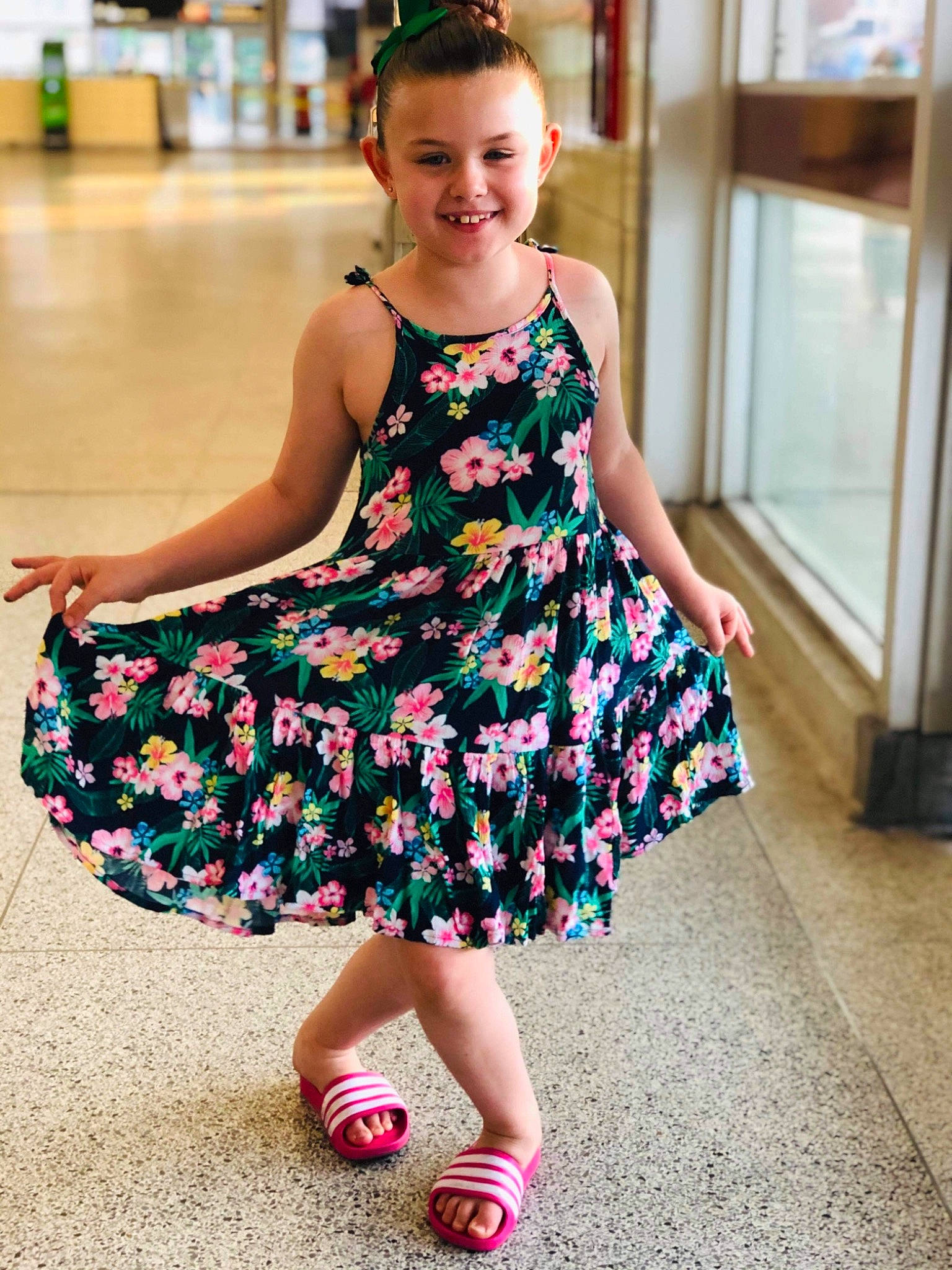 Mattie joined the competition — help win amazing prizes! child, child_model, clothing, day_dress, design, dress, fashion_accessory, fashion_design, footwear, formal_wear, joy, leg, pattern, person, pink, plant, ruffle, sandal, shoe, toddler