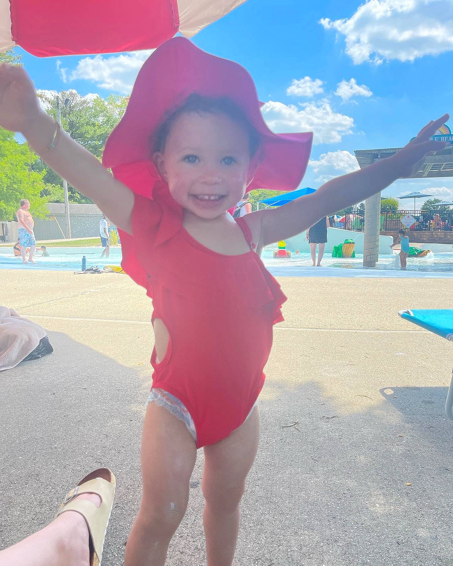 Madalynn joined the competition — help win amazing prizes! beach, blue, cloud, fun, happy, hat, joy, leisure, leotard, magenta, one_piece_swimsuit, person, pink, recreation, sky, smile, summer, sun_hat, swimwear, thigh