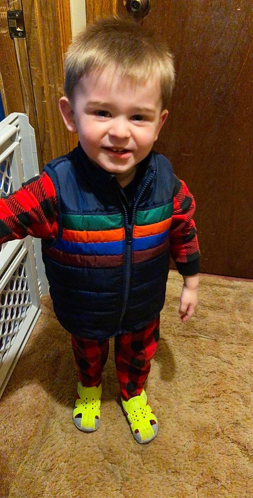 Austyn joined the competition — help win amazing prizes! baby, cheek, child, cool, design, nose, outerwear, pattern, person, plaid, play, sleeve, smile, standing, tartan, textile, thumb, toddler