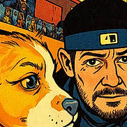 Chloe joined the competition — help win amazing prizes! dog, man, illustration, comic_style, blue_collar, blue_cap, patterned_ceiling, framed_pictures, retro, vintage, portrait, close_up, animal, human, face, mustache, fur, ears, whiskers, eyes