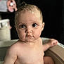 baby, bathtub, child, closeup, curly_hair, cute, expression, face, human, indoor, infant, large_eyes, moisture, nude_upper_body, portrait, sitting, skin, water, wet_skin, young