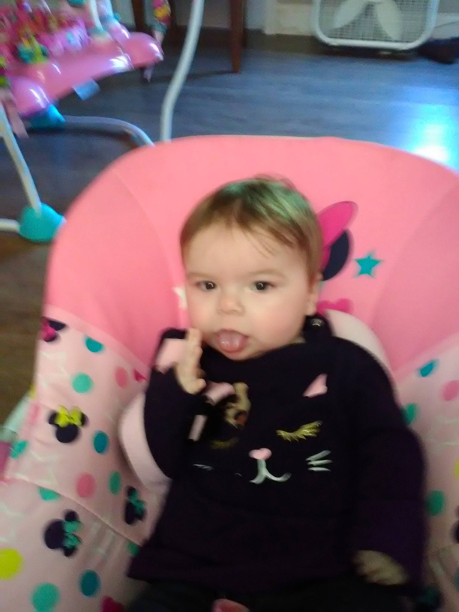 Alyssa is registered to the contest to win money with this photo: baby, baby_toddler_clothing, chair, cheek, child, comfort, event, eye, fun, hair, hairstyle, iris, pattern, person, pink, sitting, skin, sleeve, toddler, tree