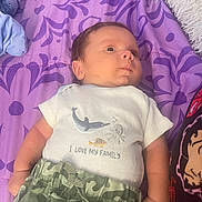 Ethan Herandez is registered to the contest to win money with this photo: baby, infant, child, purple_blanket, patterned_blanket, white_shirt, ocean_creatures, camouflage_shorts, lying_down, face, curious, scratch, skin, arm, clothing, bedroom, soft_fabric, cute, young, indoors