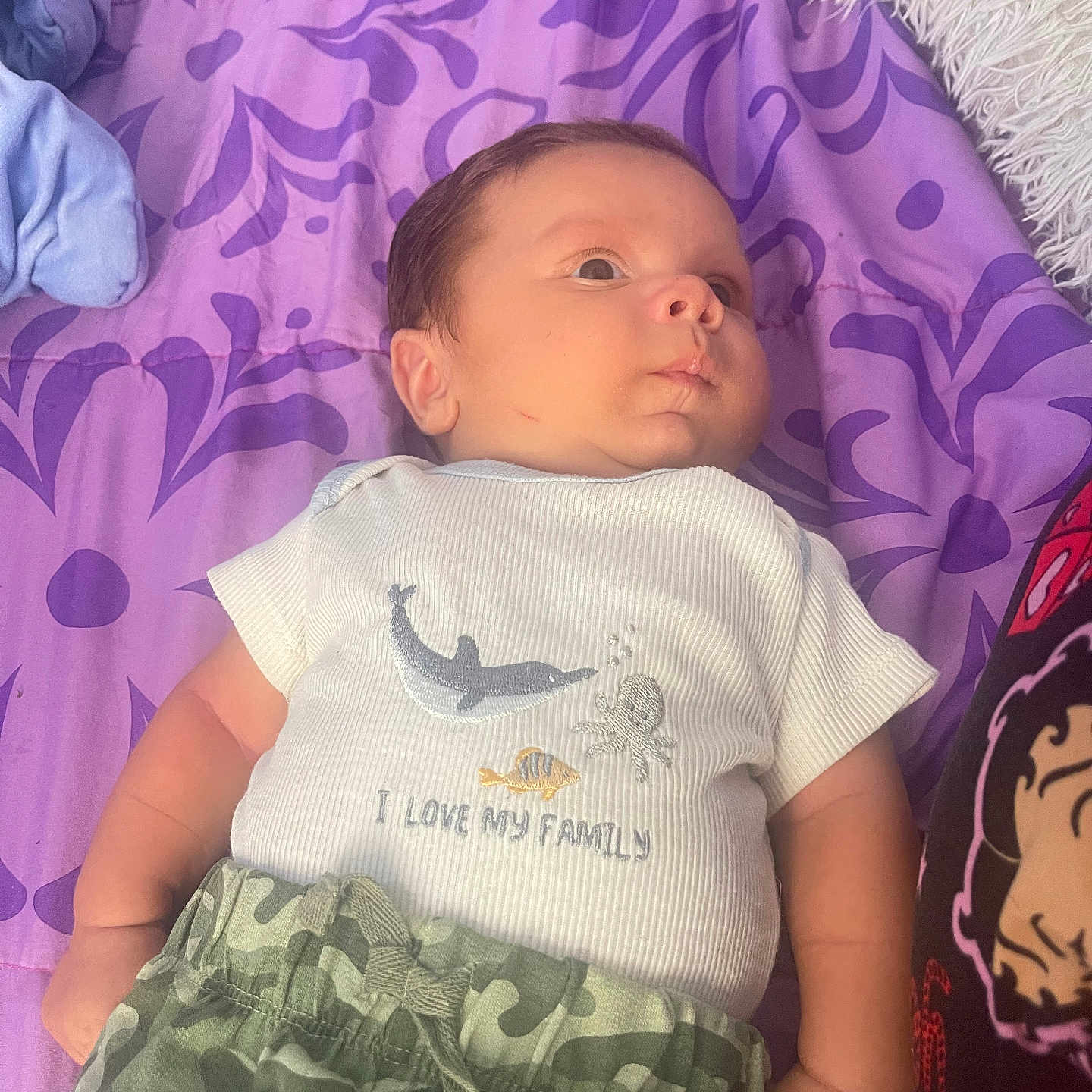 Ethan Herandez is registered to the contest to win money with this photo: arm, baby, bedroom, camouflage_shorts, child, clothing, curious, cute, face, indoors, infant, lying_down, ocean_creatures, patterned_blanket, purple_blanket, scratch, skin, soft_fabric, white_shirt, young