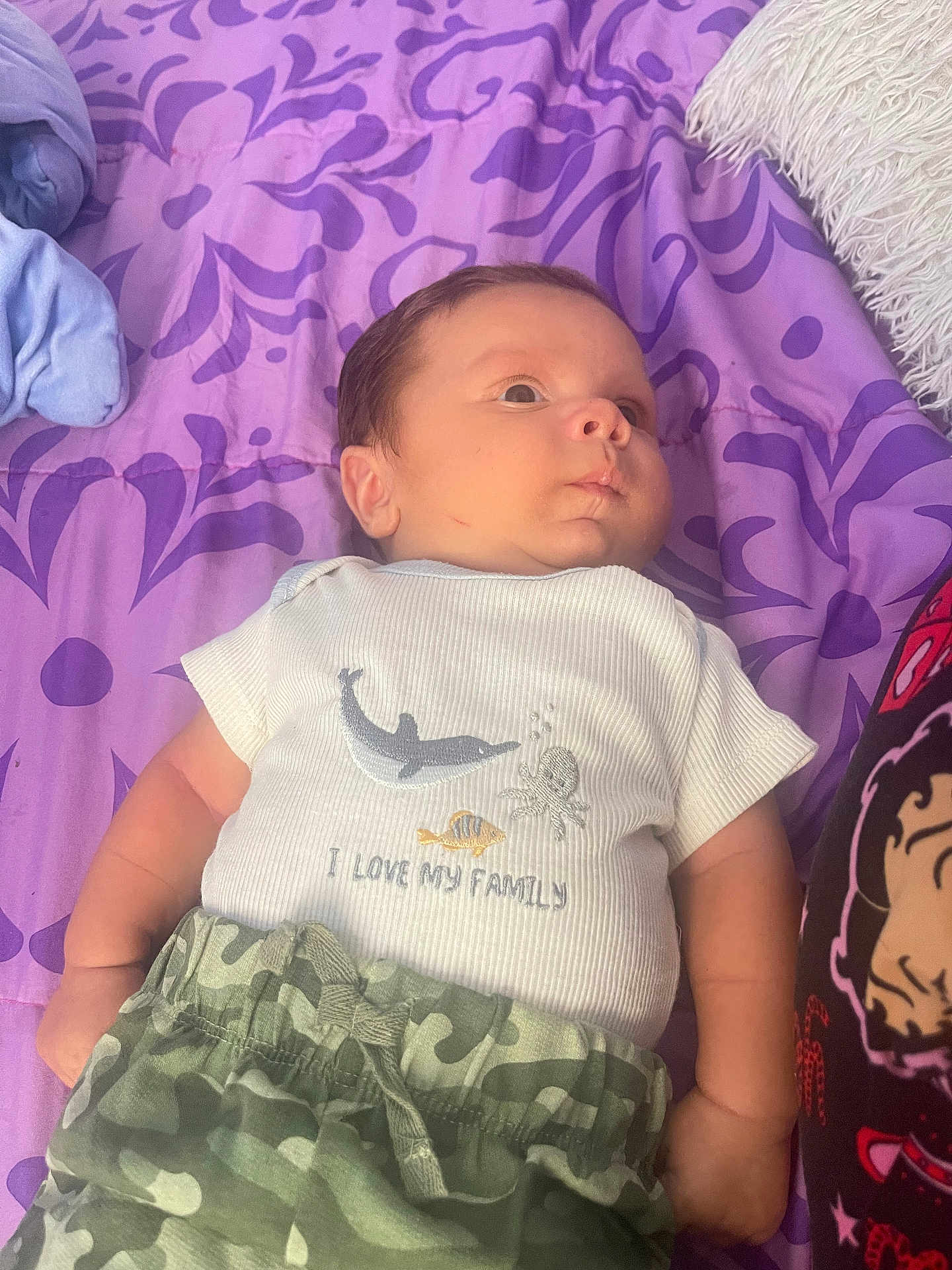 Ethan Herandez is registered to the contest to win money with this photo: baby, infant, child, purple_blanket, patterned_blanket, white_shirt, ocean_creatures, camouflage_shorts, lying_down, face, curious, scratch, skin, arm, clothing, bedroom, soft_fabric, cute, young, indoors