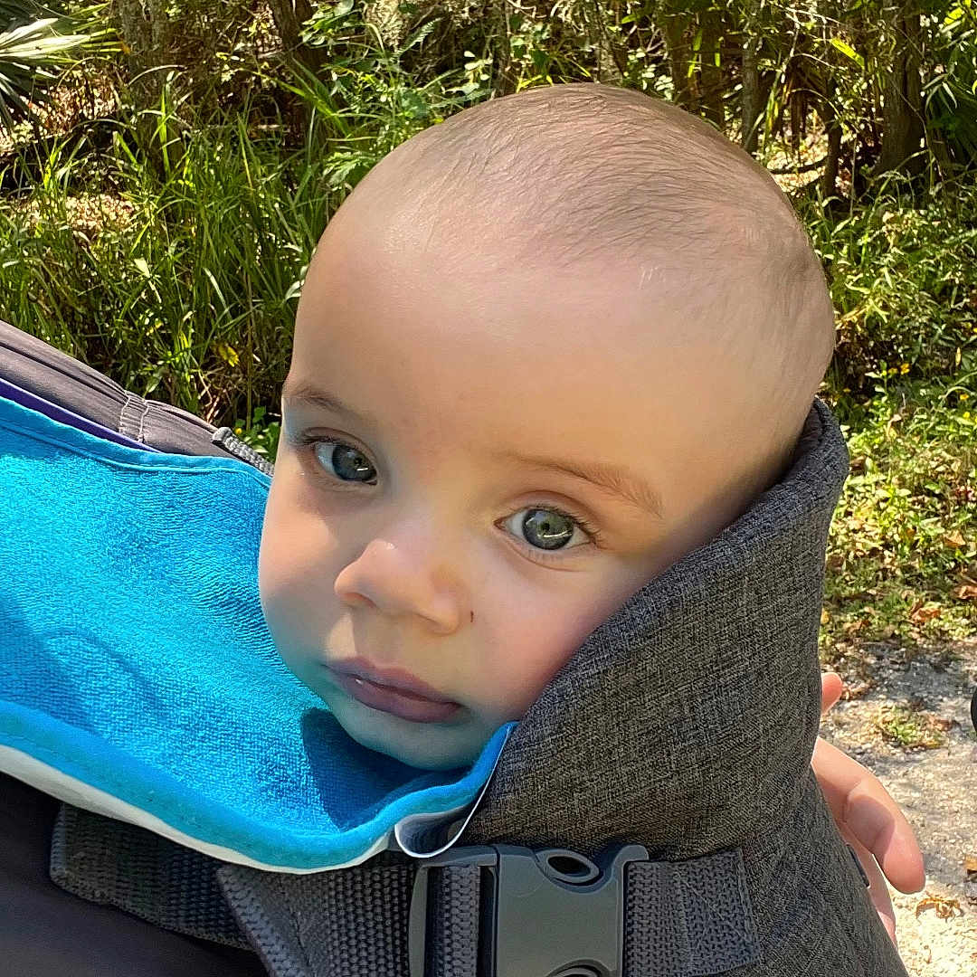 Joni joined the competition — help win amazing prizes! baby, baby_carrier, blue_bib, child, closeup, clothing, expression, face, forest, greenery, hand, head, infant, nature, outdoor, person, skin, sunlight, travel, young
