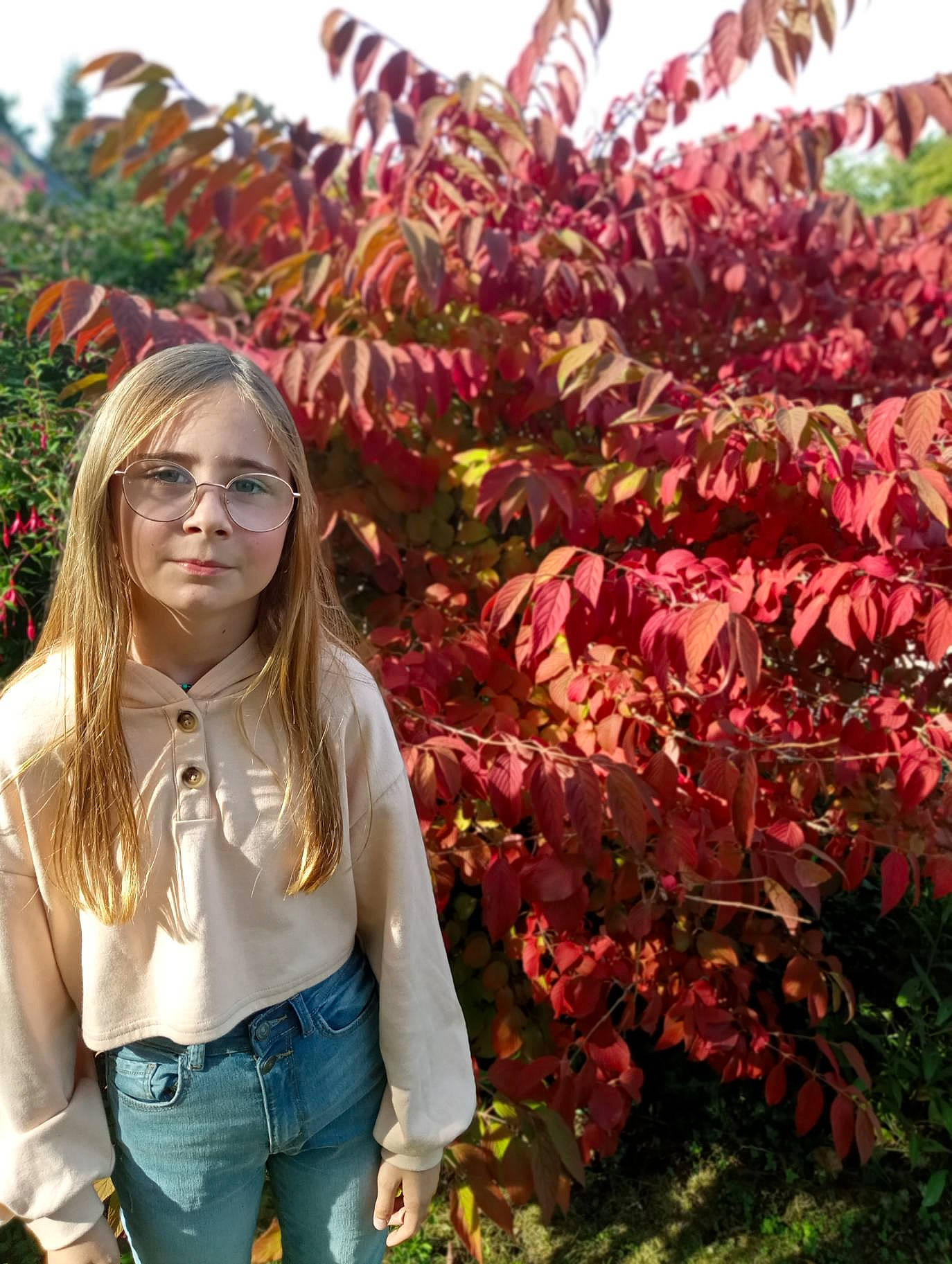 Soline participe au concours pour gagner de l'argent avec cette photo : autumn, botany, deciduous, denim, flowering_plant, garden, grass, groundcover, happy, leaf, people_in_nature, person, plant, red, shrub, sky, soil, spring, tints_and_shades, tree