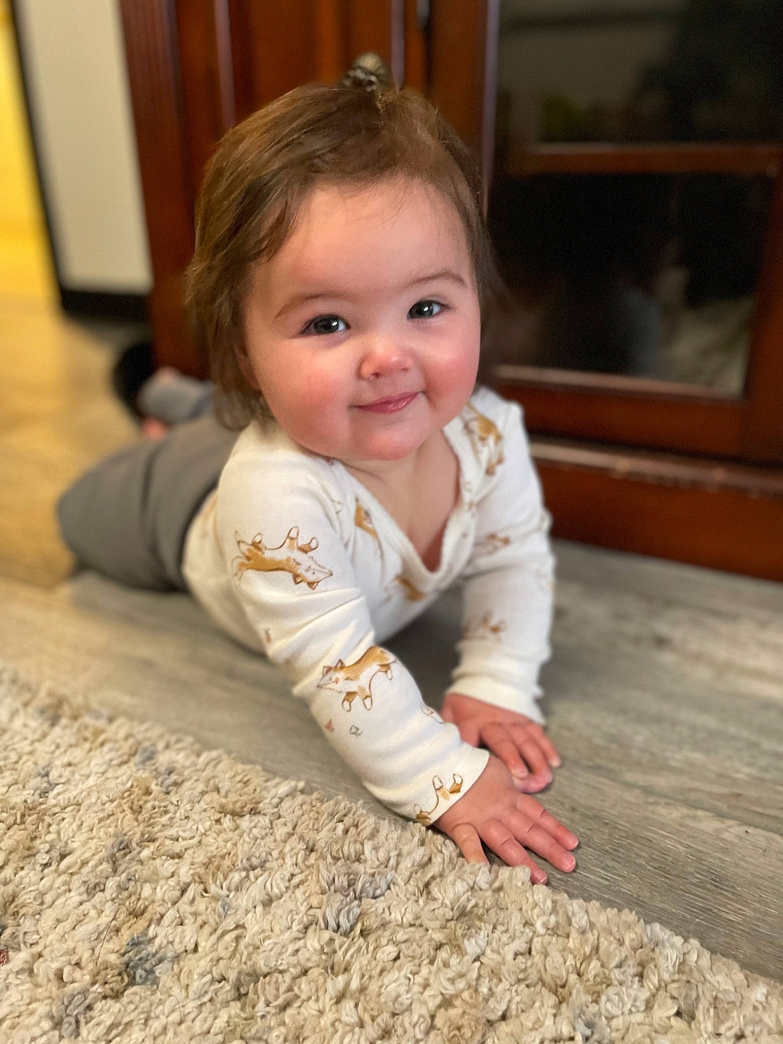 Davina joined the competition — help win amazing prizes! baby, baby_crawling, baby_toddler_clothing, cheek, eye, face, floor, flooring, hair, happy, hardwood, head, iris, joy, nose, person, skin, sleeve, smile, standing
