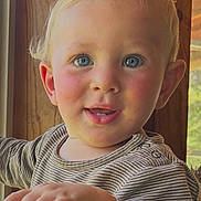 Oaklee joined the competition — help win amazing prizes! toddler, child, face, blue_eyes, blond_hair, rosy_cheeks, striped_shirt, hand, window, wood_paneling, indoors, portrait, curious, baby, person, smiling, natural_light, young_child, cute, expression