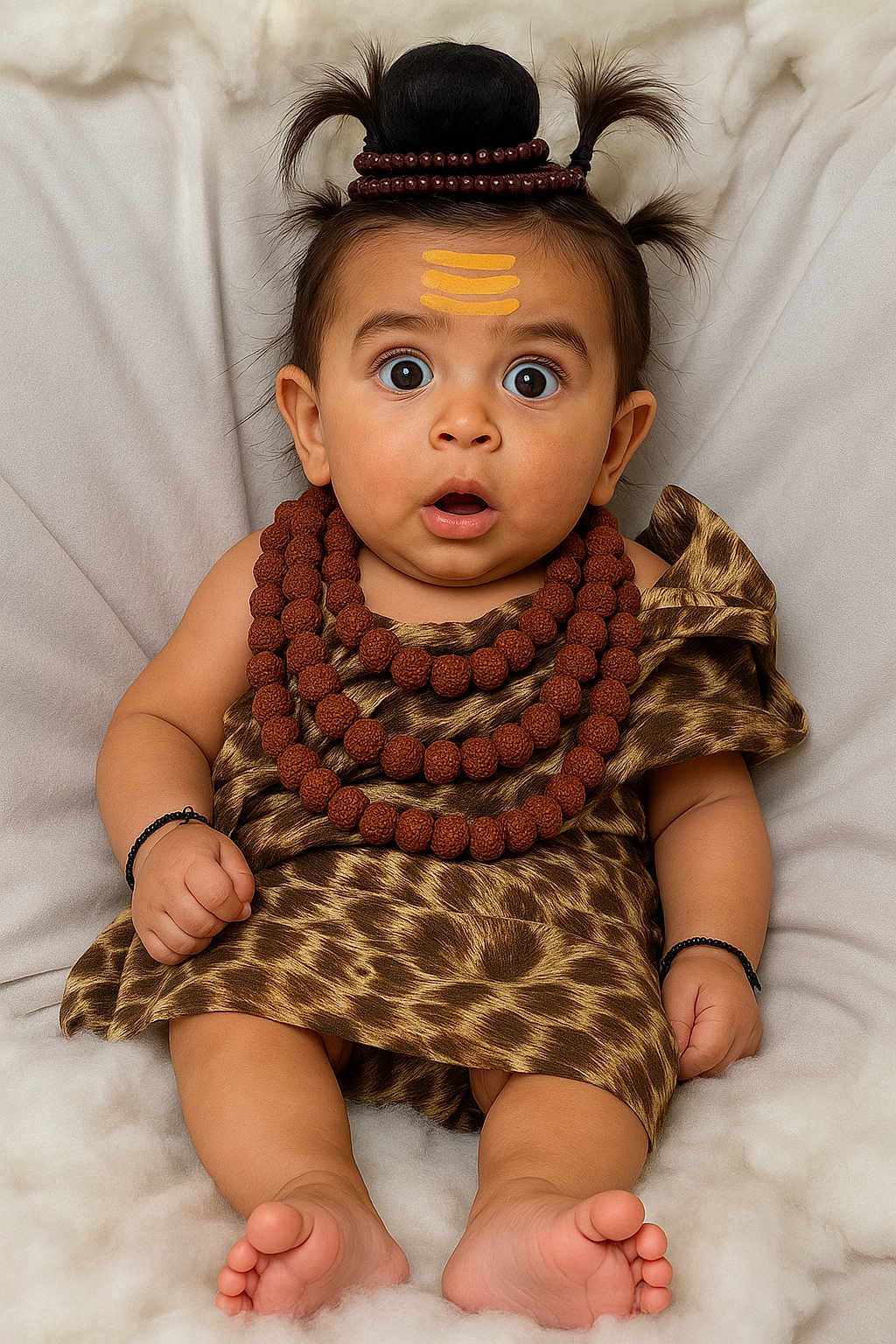 Raunit joined the competition — help win amazing prizes! baby, child, surprised, leopard_print, necklaces, beads, pigtails, hair_style, bracelets, sitting, barefoot, cute, portrait, indoors, soft_background, expression, infant, clothing, person, face