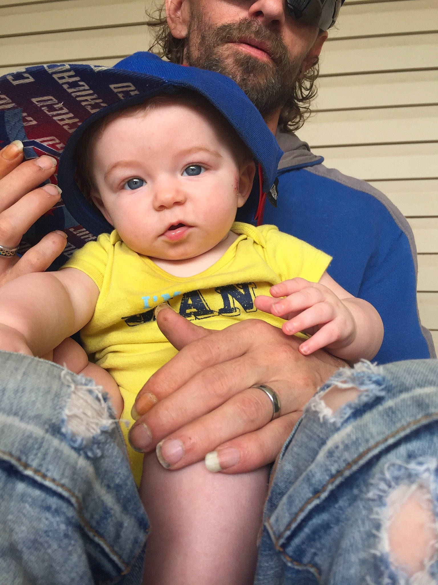 Brett joined the competition — help win amazing prizes! arm, beard, blue, clothing, eye, finger, fun, gesture, hairstyle, hand, happy, hat, head, headwear, lap, mouth, muscle, organ, person, skin