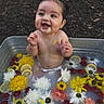 baby, child, smiling, flower, water, metal_tub, lemon_slice, outdoor, nature, happy, cute, infant, skin, sitting, playful, colorful, flower_petals, fresh, summer, joy