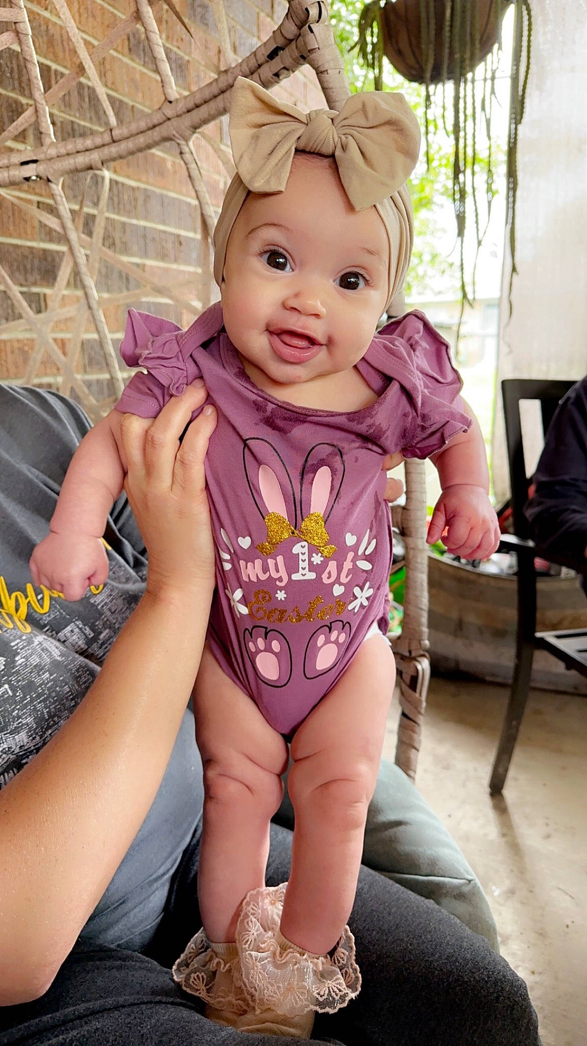 Aubree joined the competition — help win amazing prizes! baby, baby_toddler_clothing, cap, chair, child, finger, fun, happy, headgear, magenta, pattern, person, pink, purple, skin, sleeve, smile, thigh, toddler, violet