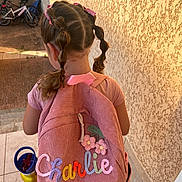 Charlie a rejoint le concours — aidez-le/la à gagner de superbes lots ! backpack, bicycles, child, clothing, cute, embroidery, flowers, girl, hair, outdoor, person, pigtails, pink, ribbons, shadow, sunlight, texture, tiles, wall, water_bottle