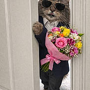 Harlee joined the competition — help win amazing prizes! cat, feline, sunglasses, bouquet, flowers, suit, blazer, doorway, peeking, paw, standing, indoor, whiskers, roses, daisies, pink_ribbon, carpet, formal_wear, humorous, portrait