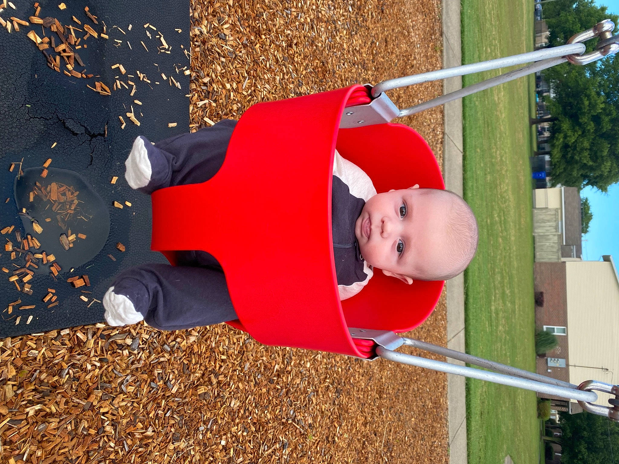 Weston joined the competition — help win amazing prizes! baby, carmine, child, fun, grass, happy, hat, leisure, outdoor_play_equipment, people_in_nature, person, plant, play, playground, pole, public_space, sky, soil, toddler, tree