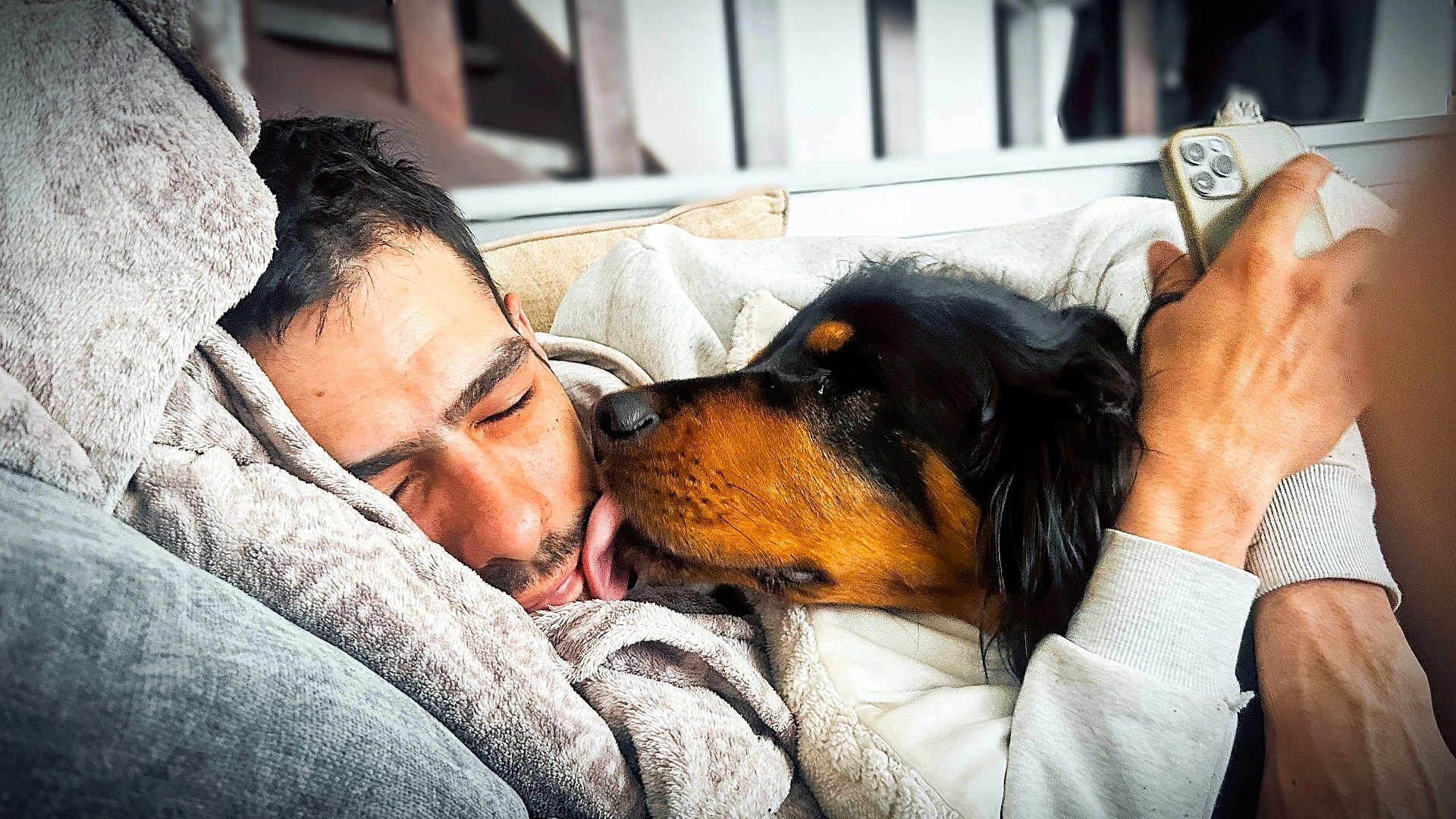 Boulette a rejoint le concours — aidez-le/la à gagner de superbes lots ! man, dog, couch, blanket, phone, indoor, sleeping, licking, pet, friendship, cozy, casual_clothing, resting, comfort, closeup, relaxation, human_animal_interaction, facial_expression, home, warmth