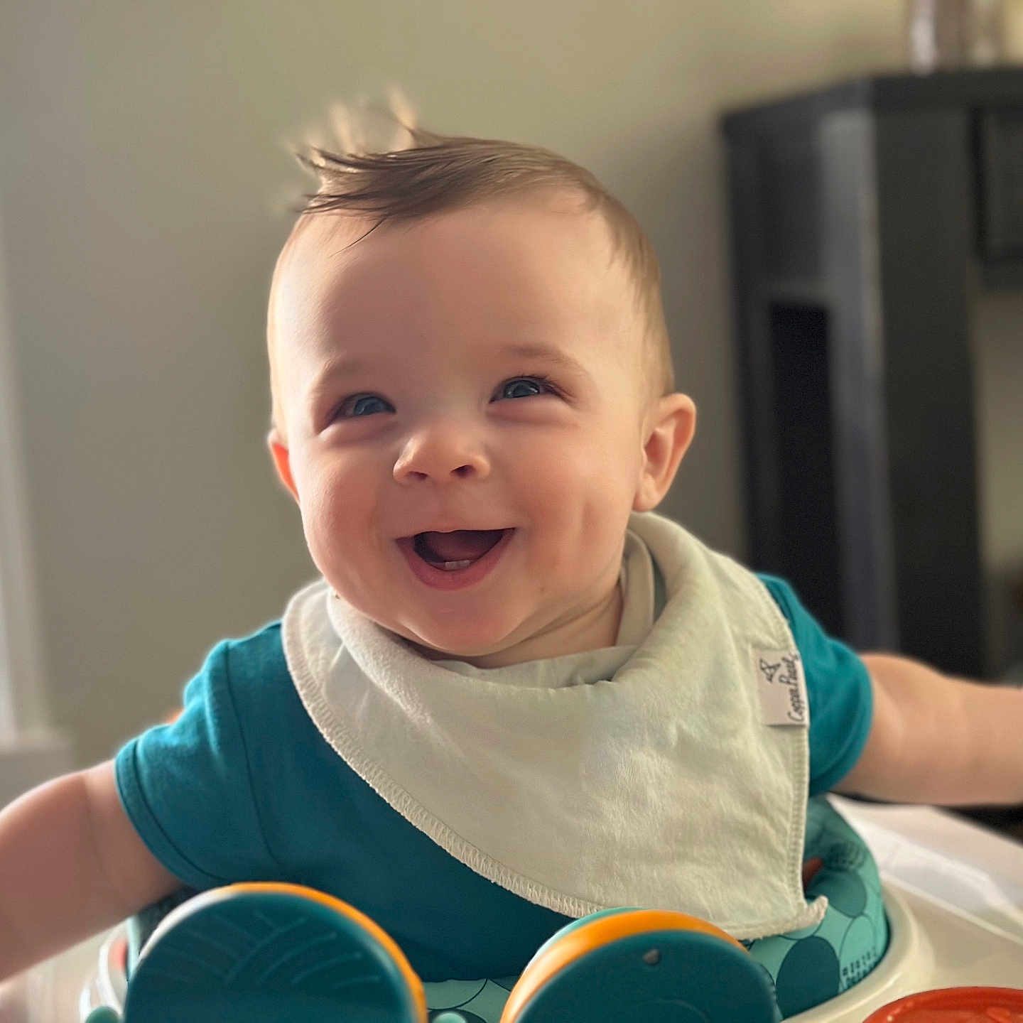 Mac joined the competition — help win amazing prizes! baby, child, smiling, happy, indoor, bib, activity_center, furniture, blue_shirt, face, head, toy, play, infant, cute, person, young_child, cheerful, expression, home