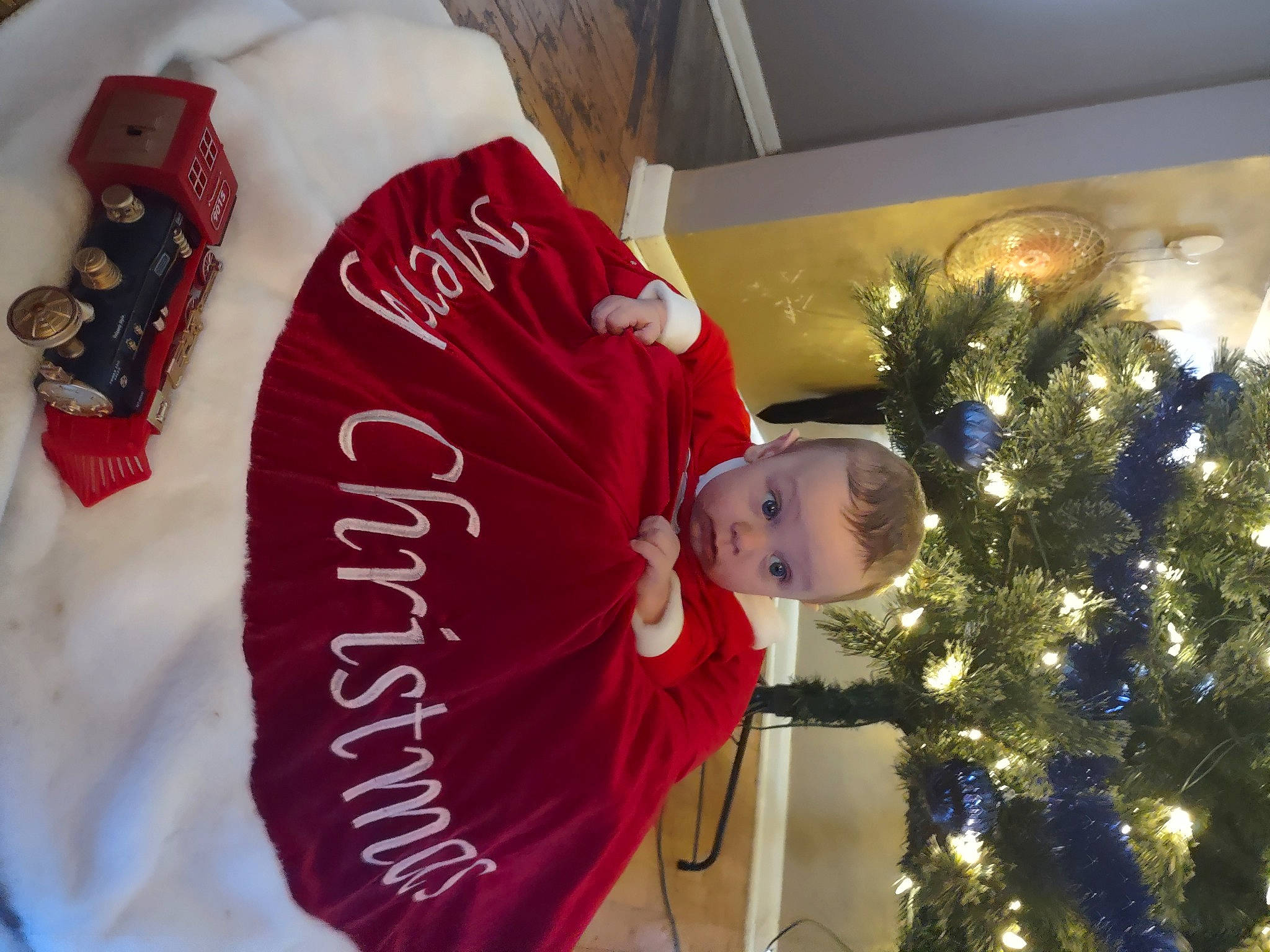 Memphis is registered to the contest to win money with this photo: child, christmas, christmas_decoration, christmas_eve, christmas_ornament, christmas_tree, conifer, event, fun, happy, holiday, holiday_ornament, human_body, ornament, person, plant, room, sleeve, surprise, t_shirt