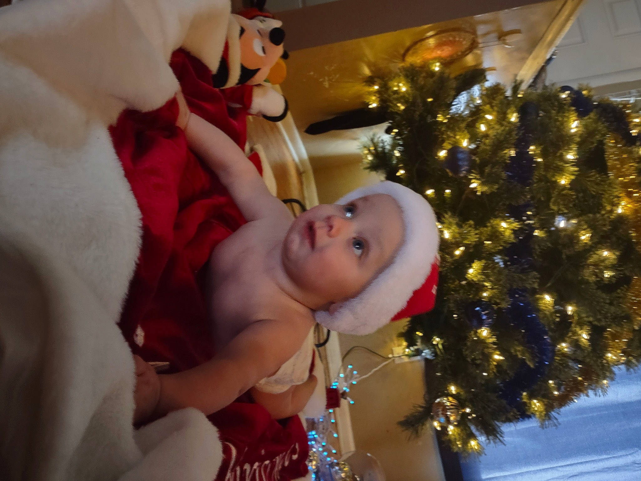 Memphis is registered to the contest to win money with this photo: baby, christmas, christmas_decoration, christmas_eve, christmas_ornament, christmas_tree, conifer, event, evergreen, fun, happy, headwear, holiday, holiday_ornament, lap, ornament, person, plant, room, toddler