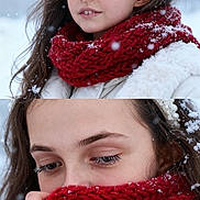 Melania is registered to the contest to win money with this photo: child, girl, winter, snow, scarf, red_scarf, headband, pearl_headband, close_up, portrait, outdoor, cold, snowflakes, winter_clothing, white_coat, long_hair, face, eyelashes, hand, cozy