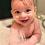 baby, child, water, bathroom, smile, wet_hair, faucet, splash, cute, playing, happy, skin, face, hand, infant, toddler, water_spray, closeup, indoors, joyful