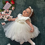 Emma a rejoint le concours — aidez-le/la à gagner de superbes lots ! baby, white_dress, headband, roses, candy, raffaello, milestone_card, blanket, celebration, infant, portrait, flower, gift, cute, tulle_skirt, sock, lying_down, child, decor, closeup